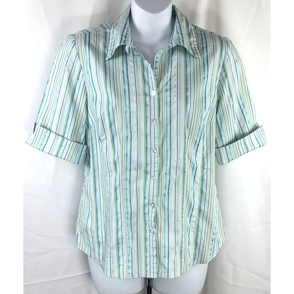 Vintage Studio 1940 Top M Green stripe Button Up 3/4 Sleeves Office Y2K Capsule